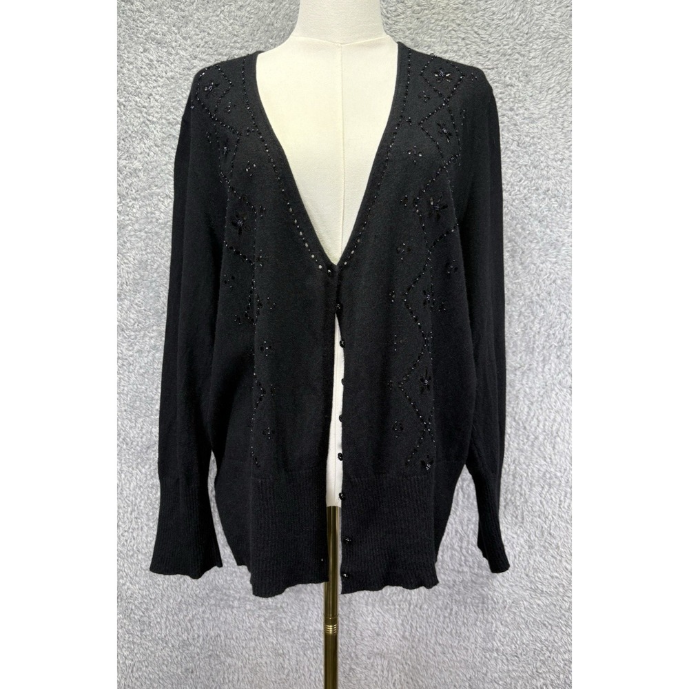 Sigrid Olsen Sport Women 2X Black Sequin Cardigan Sweater V Neck Button Evening